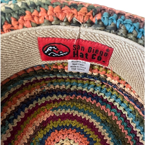 San Diego hat,multi colored crocheted,raffia,kettle,brim hat,tropical storm,New - Picture 5 of 6